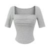 Camiseta de Verano Versátil de Ajuste Delgado con Escote Cuadrado, Mangas Medias Plisadas y Almohadilla en el Pecho, Dobladillo Curvo, Top Corto para Mujer