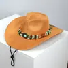 Estilo Étnico Sombrero de Vaquero Occidental Retro Protección Solar al Aire Libre Sombrero Transfronterizo con Cuentas Sombrero de Gamuza de Ala Ancha para Mujer