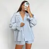 Novedades transfronterizas europeas y americanas de otoño e invierno: Cárdigan de rayas, corte holgado, manga larga y con cuello, shorts, pijama y ropa de estar para mujer, adecuado para usar tanto en interiores como en exteriores