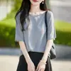 Top Camiseta de Punto de Lino con Perlas, Cuello de Una Línea, Mangas Murciélago Cortas, Color Sólido, Nuevo para Primavera/Verano 2026