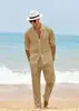 Europeu e Americano Transfronteiriço Novo Estilo Masculino Cor Sólida Manga Longa Calça Longa Gola Lapela Conjunto de Duas Peças Linho Esportivo Casual Camisa Terno Masculino