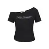 Camiseta Negra de Manga Corta y Hombros Descubiertos para Mujer, Verano Estilo Retro Americano Ajustada, Ceñida a la Cintura, Hombros Descubiertos, Top Corto