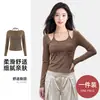 Estilo Dulce y Fresco Top de Manga Larga Halter Falso de Dos Piezas Almohadillas de Sujetador Integradas No Necesita Usar Ropa Interior Camiseta Base Ajustada Adelgazante para Mujer