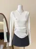 Suéter Rasgado com Contas Estilo Francês para Mulheres, Camisa Básica Tricotada com Manga Sino para Outono e Inverno com Top Irregular Ajustável na Cintura