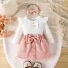 Conjunto de 3 Peças para Bebê Menina Primavera e Outono: Macacão de Manga Longa com Manga Bufante + Saia de Veludo Cotelê + Acessório de Cabelo com Laço
