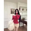 Suéter de Punto Color Rosa Puro Estilo Deseo Puro para Mujer, Hombros Descubiertos, Manga Larga, Prenda Base Ajustada para Otoño e Invierno