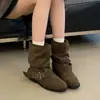 Botas de Moda Retro Botas de Plataforma Mujer 2026 Nuevo Otoño Invierno Hebilla de Cuero Media Pantorrilla Tacón Grueso Botas Vaqueras Botas Arrugadas para Tobillo
