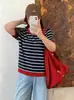 Suéter tejido a rayas vintage para mujer talla grande, colección otoño 2026, camiseta base de cuello redondo de punto holgado con bloques de color para mujer talla grande