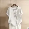 2025 Verão Retrô Cor Lisa Top Tamanho Grande Casual Solto Botão Algodão e Linho Manga Curta Pulôver Gola Redonda Camiseta para Mulheres