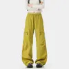 Calça cargo de perna larga na cor amarelo mostarda com cordão na cintura, adequada para homens e mulheres, estilo outdoor, multi-bolsos, costura moderna, calça comprida casual