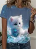 Camiseta de Mujer Estilo Europeo y Americano con Estampado de Gato de Amazon Transfronterizo Casual de Manga Corta Cuello Redondo Top de Gatito Nuevo Estilo Holgado