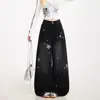 Calça jeans feminina com estampa de estrela de cinco pontas e barra curva, estilo retrô americano novo e moderno, calça larga solta e modeladora