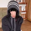 Chapéu de Lã Listrado Retrô Japonês para Mulheres, Inverno, Circunferência da Cabeça Grande, Chapéu Quente com Proteção para as Orelhas, À Prova de Frio, Chapéu de Tricô que Afina o Rosto