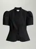 Aliexpress 2026 Blusa de Gola Alta com Manga Bufante Estilo Europeu e Americano, Blusa Curta Elegante Estilo Socialite com Gola Alta Vintage