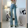 Jeans acampanados para mujer para primavera y otoño, diseño elegante, tiro alto, adelgazantes, elásticos, dobladillo deshilachado vintage, corte bootcut, pantalones de largo completo