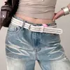 Cinturón de Cuero Estrecho de Doble Fila con Remaches y Perlas para Mujer, Hebilla Metálica de Personalidad de Alta Gama, Cinturón para Shorts de Mezclilla con Accesorios