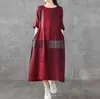 En stock nuevo Amazon AliExpress algodón fino holgado cuello redondo casual vestido de cuadros de longitud media