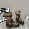 Botas de Cavaleiro com Fivela Coreana de Nicho Femininas 2026 Tendência Nova Retro Versátil Dobrável Plissada de Cano Curto Botas de Motociclista