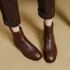 Botas curtas de couro bovino de primeira camada para mulheres, novo modelo de outono, couro genuíno, bico redondo, zíper traseiro, salto médio grosso, botas Chelsea curtas