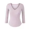 Top de Malha Estilo Hot Girl Ajustado ao Corpo com Decote em V Profundo e Manga Três Quartos, Nova Camisa Básica Ajustada na Cintura para Outono e Inverno, Top Elástico Justo ao Corpo