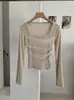 Camiseta feminina KEKEZOON estilo delicado, retalhos em malha, gola quadrada, plissada, manga longa, top outonal slim fit 9105