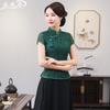 Top Aodai Modificado de Manga Corta Cheongsam Rojo Encaje Traje Tang Verano Mujer Talla Grande Conjunto de Vestido para Madre
