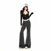 Calça de moletom casual transfronteiriça, levemente flare, com cordão, forrada de fleece, com caimento fluido, calça longa esportiva cinza, comprimento estendido cinza, calça cropped cinza