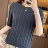 Nueva ropa de mujer de verano, top de punto acanalado de algodón puro con cuello redondo estilo coreano, camiseta elegante y versátil