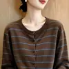 Cárdigan de Punto a Rayas Retro para Mujer Otoño Invierno Cuello Redondo Holgado Adelgazante Abrigo Suéter Manga Larga Versátil