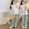 Ropa de verano de maternidad con un sencillo diseño de encaje de cuello redondo, babydoll de maternidad hecho de algodón puro con bordado, oculta el vientre y tiene un efecto adelgazante