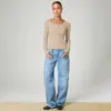 Camiseta de punto acanalado de cuello redondo con botones en el hombro recto, moda 2025 para mujer, color liso, top versátil de manga larga para ir al trabajo