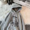 Moletom com Capuz para Mulheres 2024 Novo Estilo Preguiçoso Bf Solto Cinza Oversize Inverno Veludo Espessado Roupas