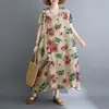 26 Begônia de Verão Estampada Estilo Férias Viagem Decote V Retro Saída de Praia Irregular Vestido Longo Vestido de Algodão e Linho