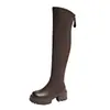 Botas de Cano Alto com Solado Grosso na Cor de Café para Mulheres, Novo Estilo de Inverno 2025, Efeito Emagrecedor, Zíper Traseiro, Botas Longas de Salto Alto, Botas Melard