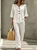 Pantalones largos transfronterizos europeos y americanos con botones y volantes, y top casual de manga tres cuartos con cuello en V para mujer, nuevo conjunto casual de dos piezas para comercio exterior