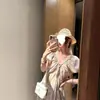 Vestido Midi Tencel Azul Floral con Cuello en V Verano Encaje Empalmado Manga Francesa Abullonada Hora del Té Vestido Largo