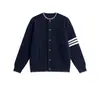 Suéter cárdigan de punto simple transfronterizo americano para hombre y mujer, ropa de pareja, suéter de cuello redondo a rayas, chaqueta casual de alta gama