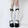 Meias de renda Lolita com cano alto para primavera e outono com fita de laço meias de cano alto estilo ballet branco meias de cano médio jk