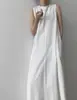 Estilo Preguiçoso e Cool Série Escura Vestido Longo Estilo Chic Coreano Bainha Solta Sem Mangas Longo Vestido de Algodão e Linho