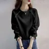 Moletom Fino de Algodão Puro para Mulheres, Estilo Coreano Primavera e Outono 2026, Sem Capuz, Pulôver Solto, Manga Longa, Gola Redonda, Top Falso de Duas Peças, Tendência