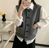 Chaleco de Punto con Cuello Redondo y Botones de Cuerno con Borde Rizado para Mujer, Nuevo Otoño Holgado con Capas Chaleco de Punto Grueso