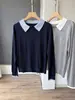 Tricô de gola pequena bicolor para mulheres, manga longa, fino, adequado para o trabalho, gola polo, blusa básica, top estiloso para o verão H072801