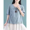 Conjunto de algodón y lino con descuento, que presenta una nueva camisa estilo chino con tapeta diagonal y botones de nudo chino tradicionales, combinada con shorts de cintura elástica - un conjunto casual de dos piezas para mujer