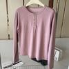Camisa Henry Cuello Redondo Cuatro Botones Camiseta Otoño Holgada Manga Larga Hombro Derecho Copo de Nieve Algodón Top Casual con Camiseta de Base