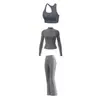 Conjunto de roupa para corrida e yoga ao ar livre com cardigã de gola alta, conjunto de três peças de roupa íntima respirável, elástica e à prova de choque, calças pantalona com listras laterais