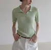 Camiseta de Punto Fina Versátil Adelgazante de Manga Corta con Cuello para Mujer, Té Verde Limón, Verano 2026
