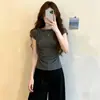 Camiseta de manga curta estilo coreano com ombros caídos, cadarço, para mulheres, verão, toque de alta qualidade, chique, única, plissada, cintura marcada, cropped