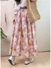Ropa de Seda Qingmei: Falda de algodón floral de longitud media para mujer, artística y fresca, de cintura alta, falda de línea A adelgazante para figuras petite