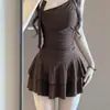 Traje de baño de una pieza modelo 2026 color marrón Maillard con cobertura de busto, control de abdomen, adelgazante, estilo falda conservador, adecuado para vacaciones en la isla, traje de baño para mujer