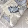 Meias de Lã, Meias Grossas de Inverno Femininas de Cano Médio Quentes, Estilo Fair Isle Retrô Puro, Bloqueio de Cores, Laço, Meias de Algodão Folgadas